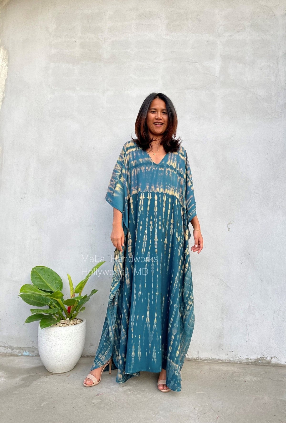 Eva Kaftan in Teal & Beige Tie Dye-AA-6-52-Mala Handworks