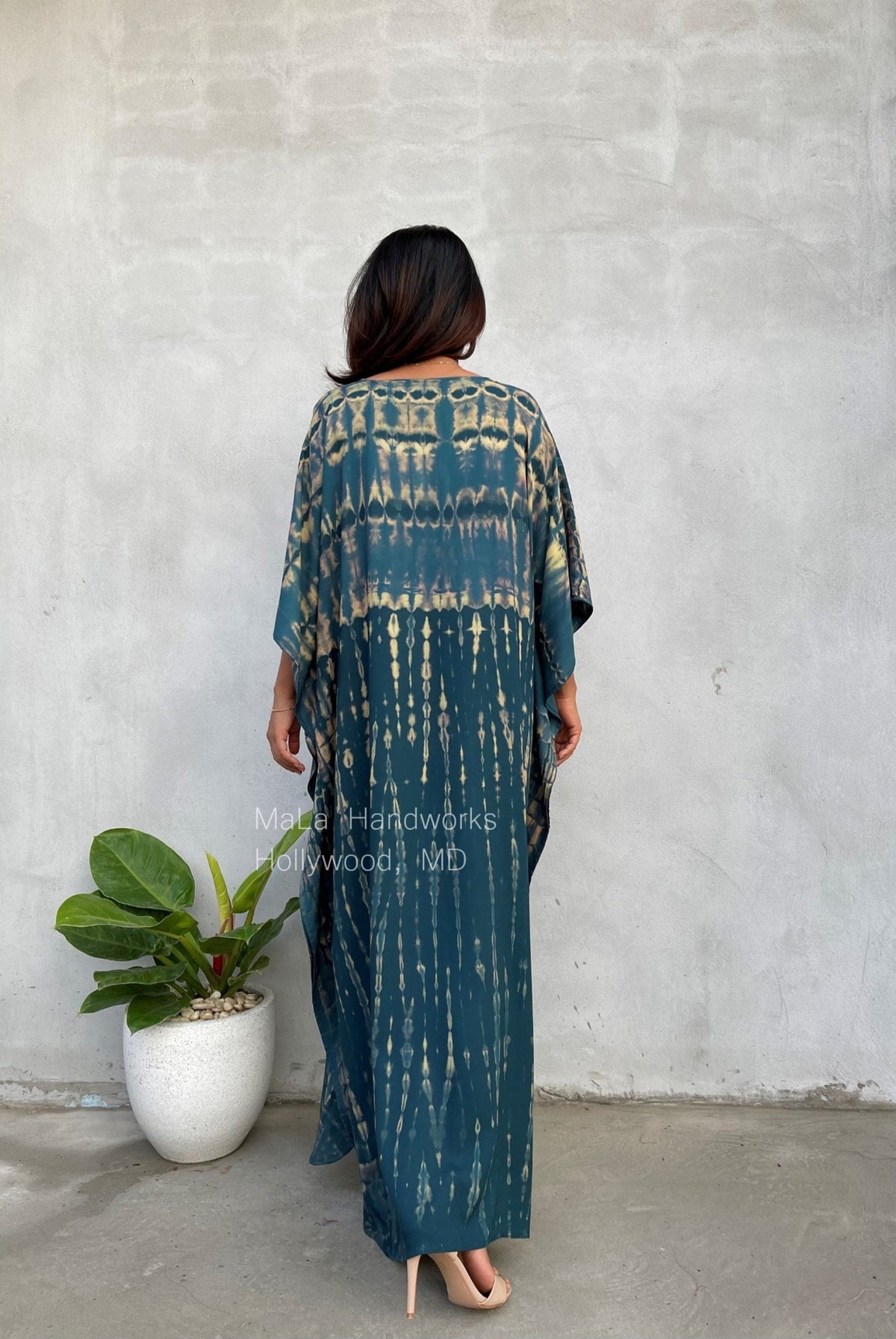 Eva Kaftan in Teal & Beige Tie Dye-AA-6-52-Mala Handworks