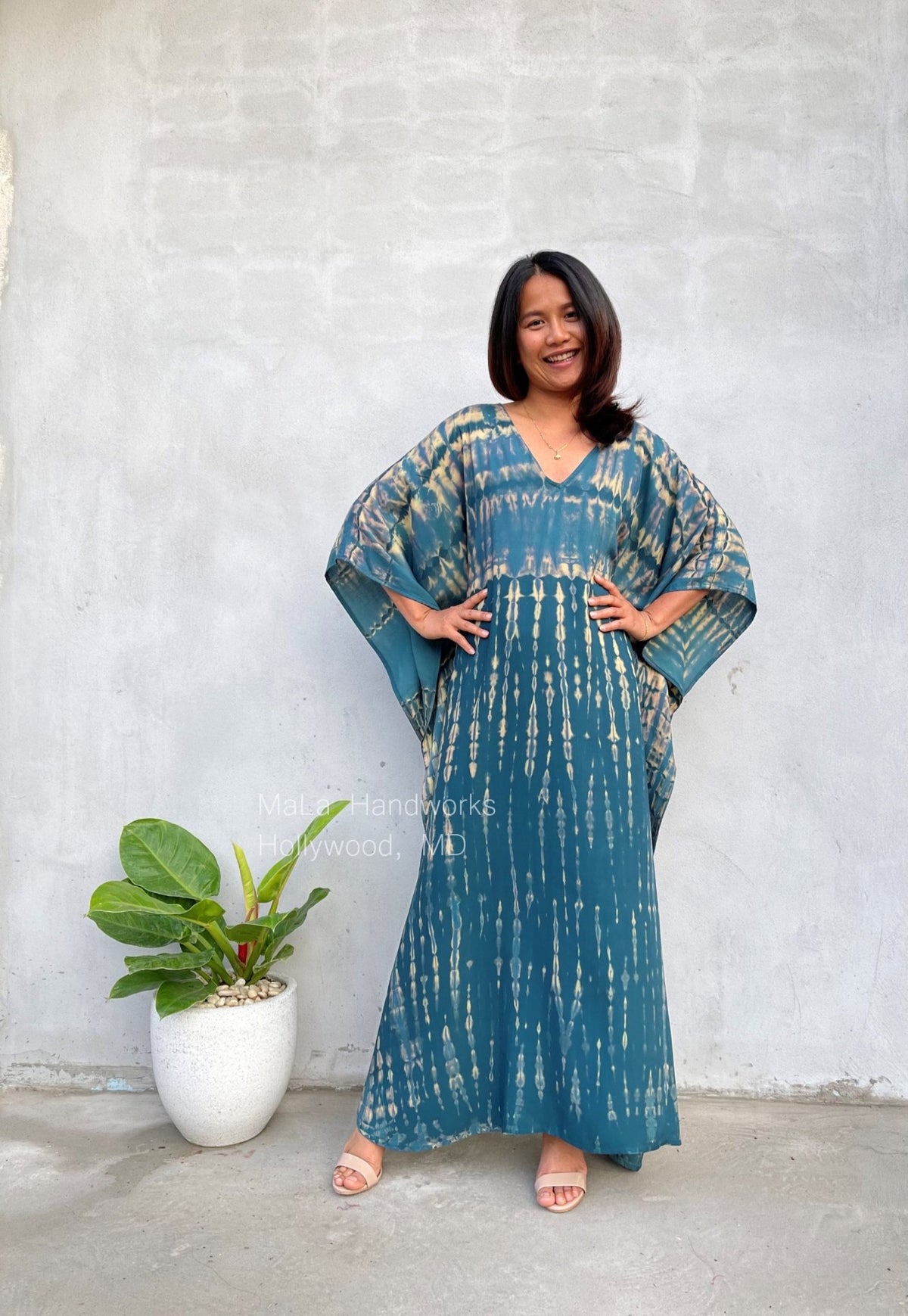 Eva Kaftan in Teal & Beige Tie Dye-AA-6-52-Mala Handworks