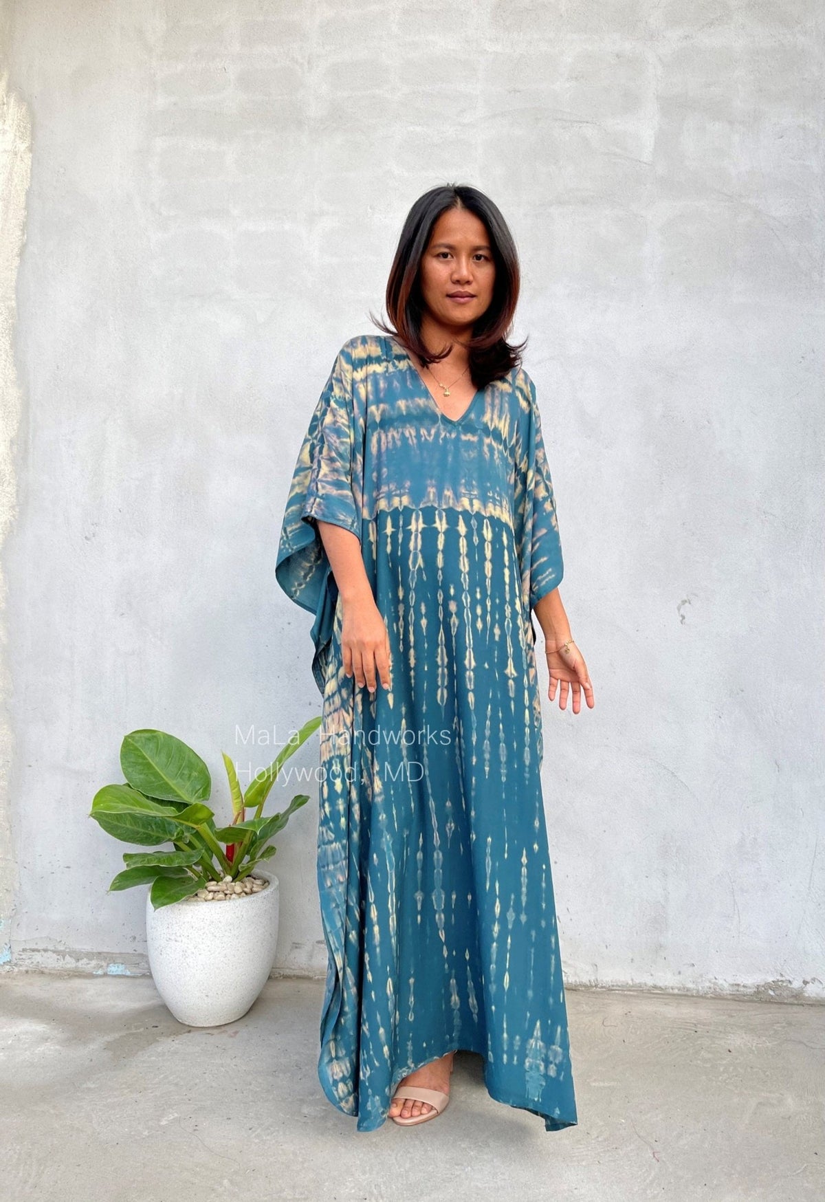 Eva Kaftan in Teal & Beige Tie Dye-AA-6-52-Mala Handworks