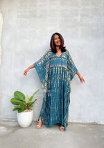 Eva Kaftan in Teal & Beige Tie Dye-AA-6-52-Mala Handworks