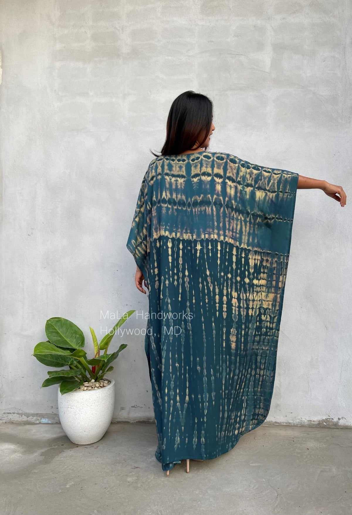 Eva Kaftan in Teal & Beige Tie Dye-AA-6-52-Mala Handworks