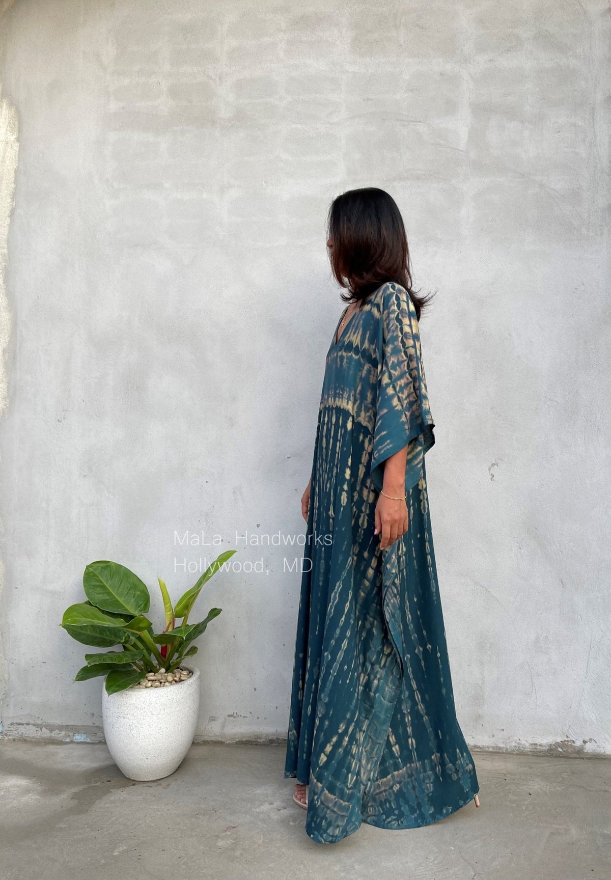 Eva Kaftan in Teal & Beige Tie Dye-AA-6-52-Mala Handworks