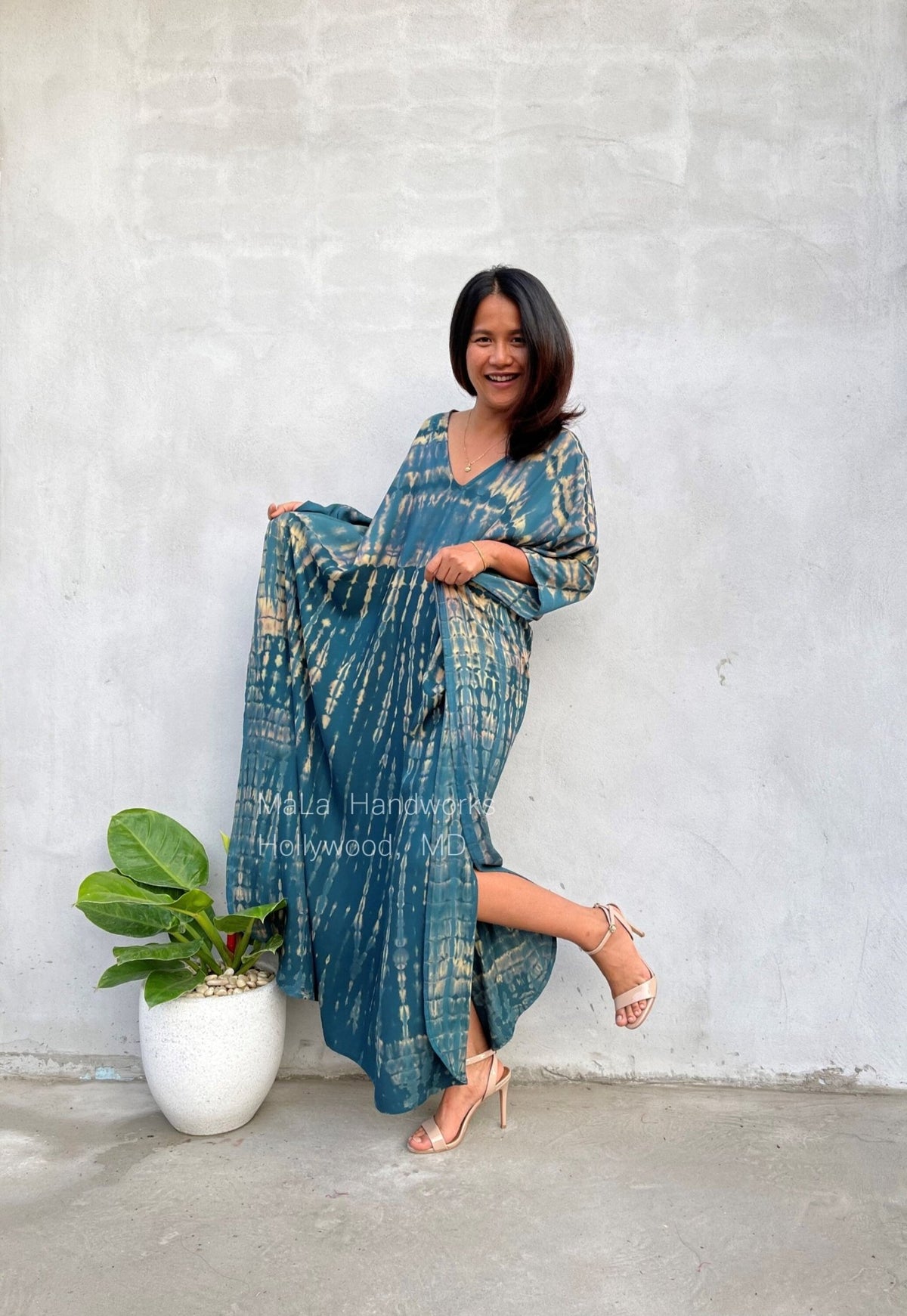 Eva Kaftan in Teal & Beige Tie Dye-AA-6-52-Mala Handworks