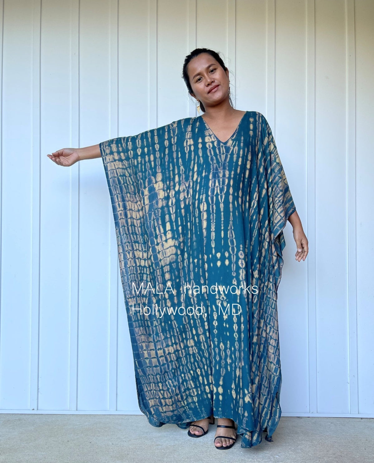 Eva Kaftan in Teal & Sand Tie Dye-AA-23-52-Mala Handworks