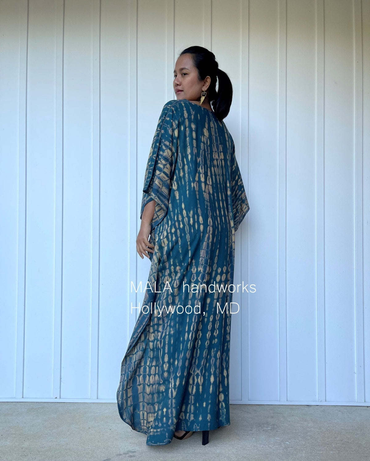 Eva Kaftan in Teal & Sand Tie Dye-AA-23-52-Mala Handworks