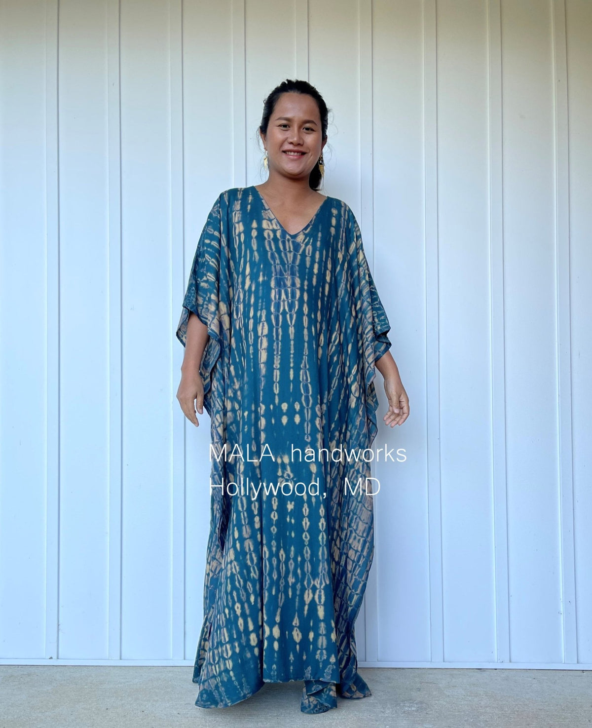 Eva Kaftan in Teal & Sand Tie Dye-AA-23-52-Mala Handworks