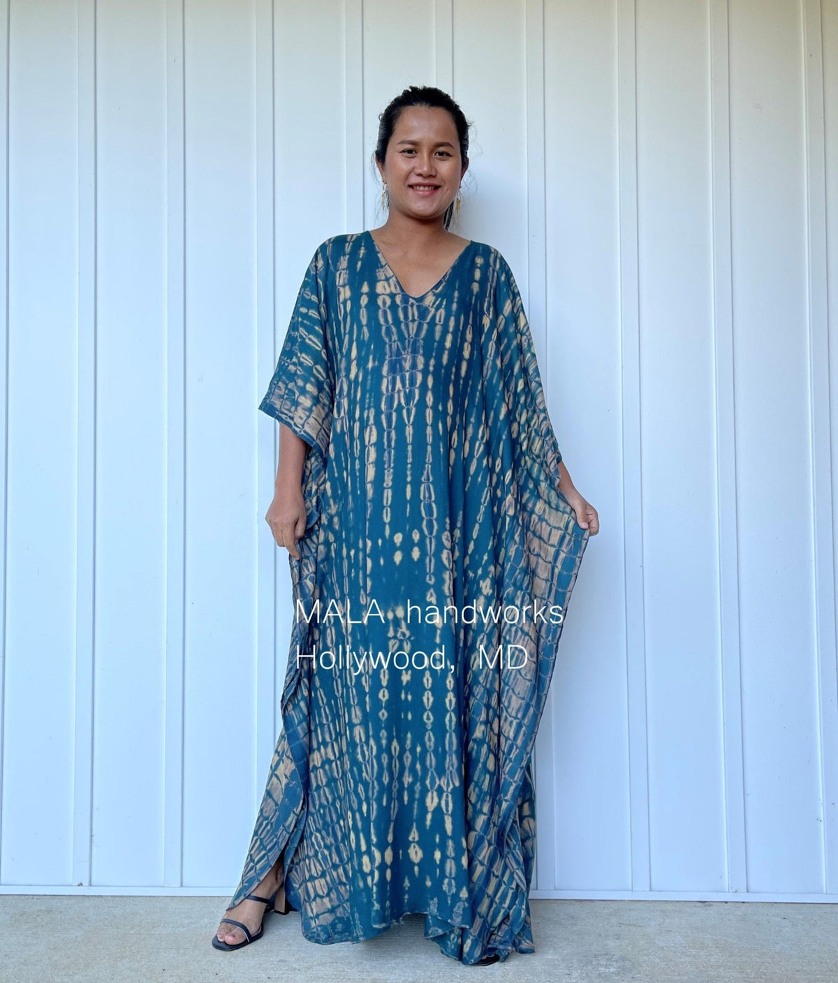 Eva Kaftan in Teal & Sand Tie Dye-AA-23-52-Mala Handworks