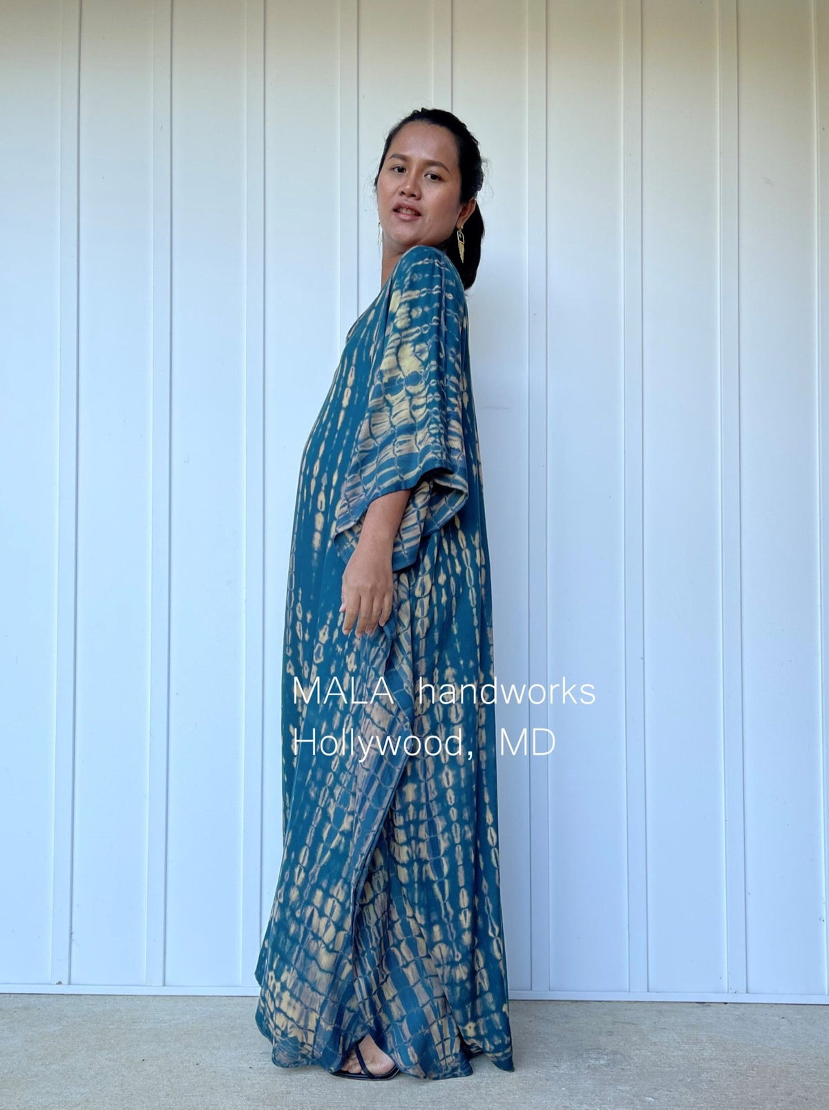 Eva Kaftan in Teal & Sand Tie Dye-AA-23-52-Mala Handworks