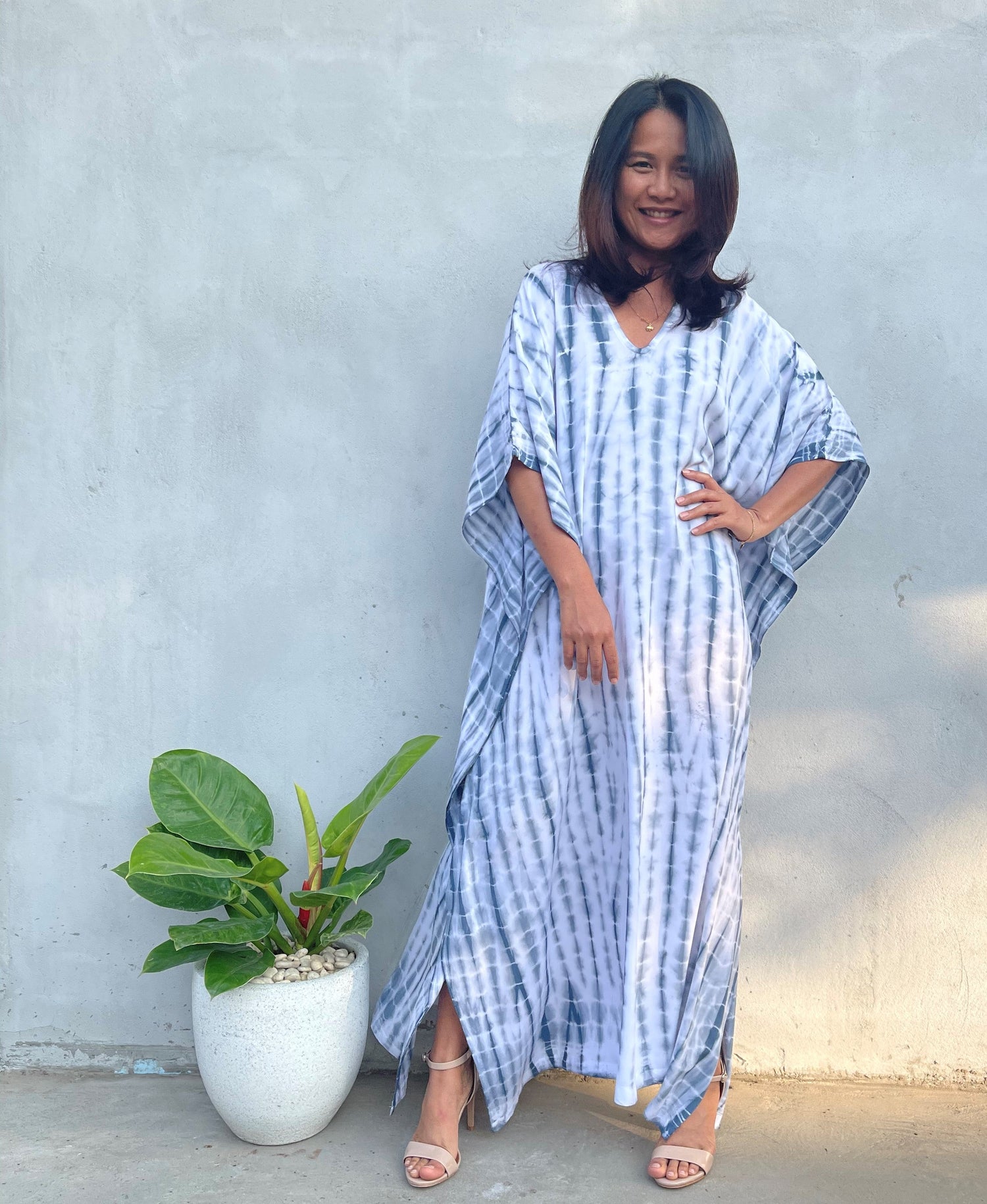 MALA handworks Eva Kaftan in White and Gray Tie Dye