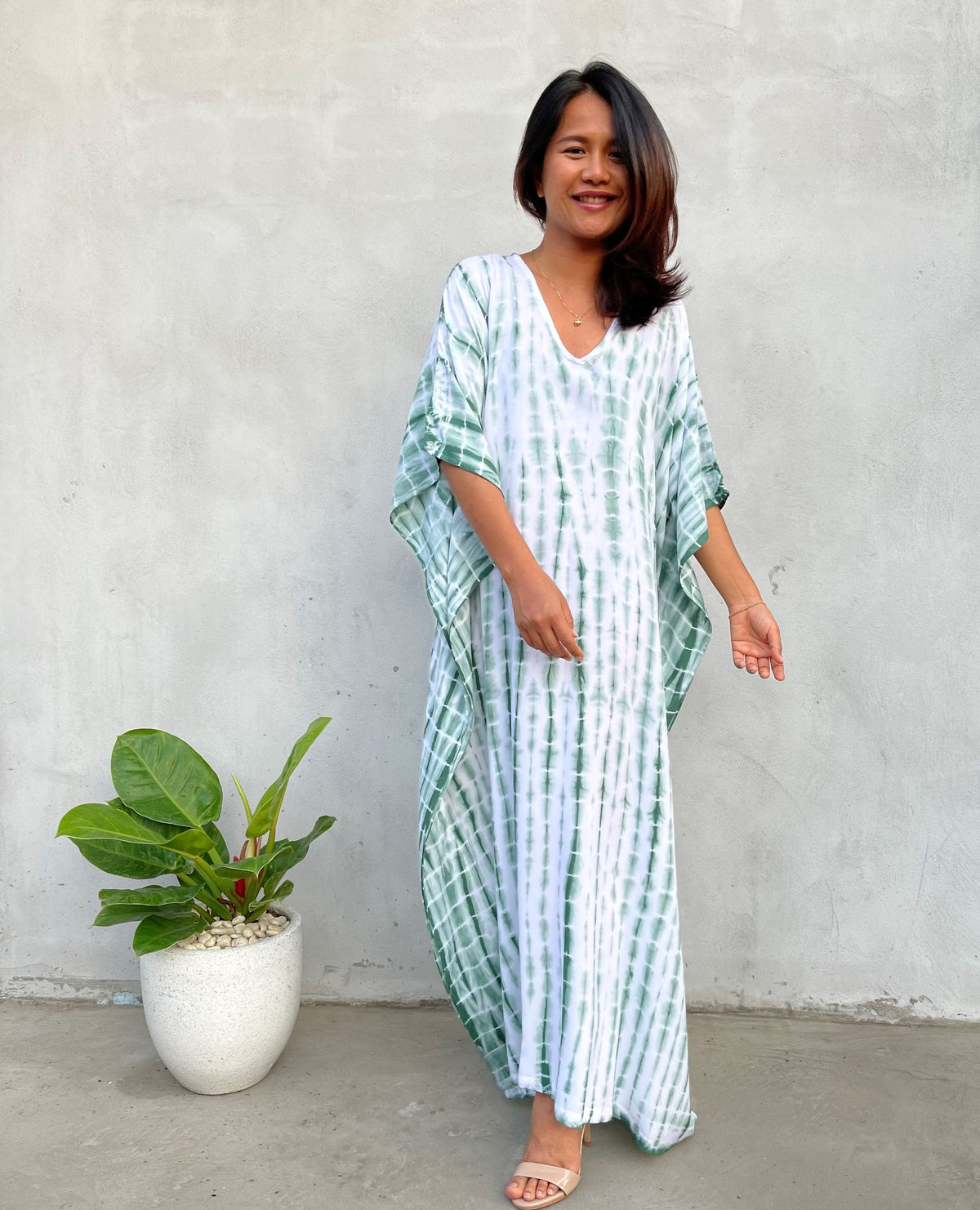MALA handworks 52 in. Eva Kaftan in White and Green Tie Dye