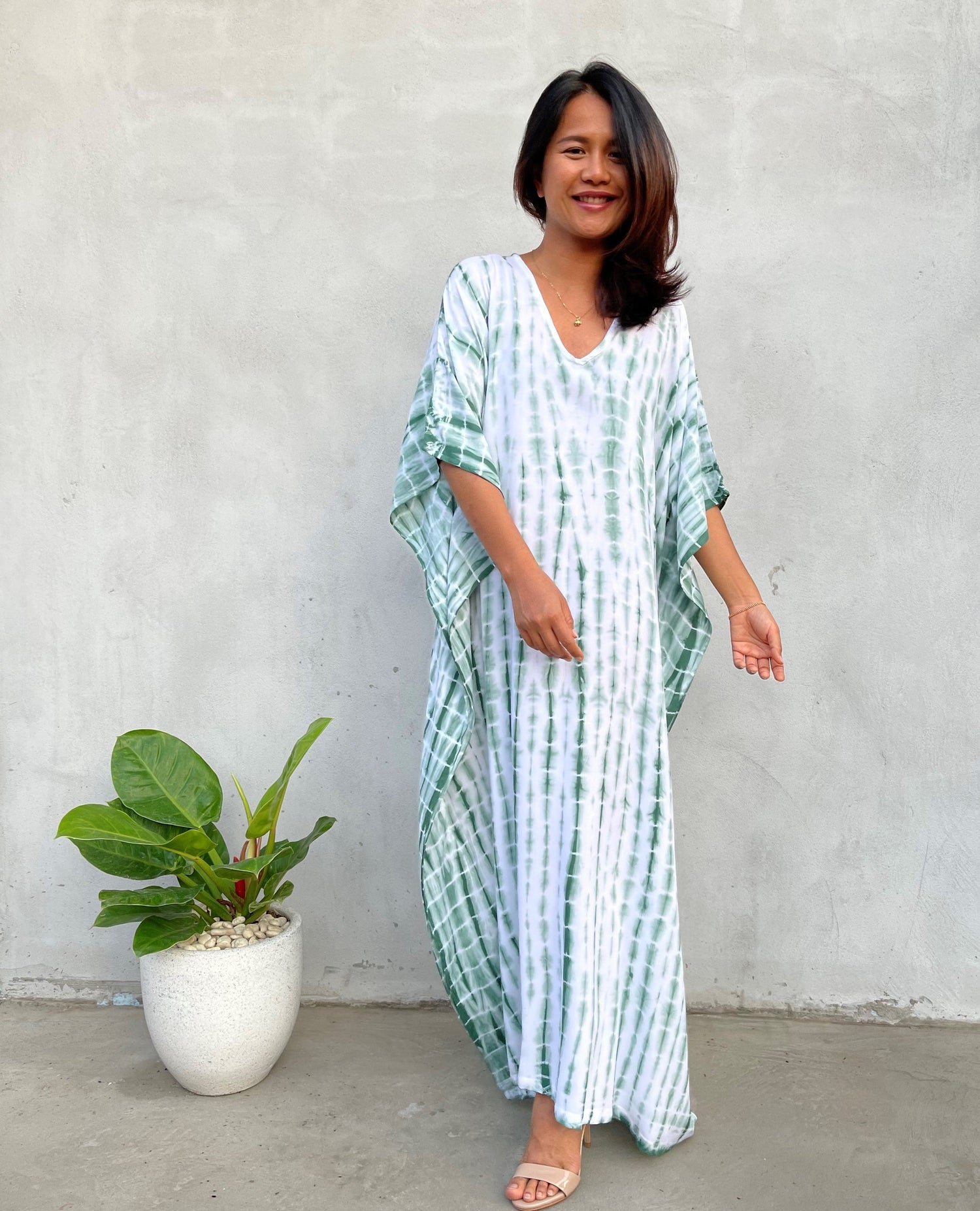 MALA handworks 52 in. Eva Kaftan in White and Green Tie Dye