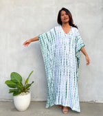 MALA handworks 52 in. Eva Kaftan in White and Green Tie Dye