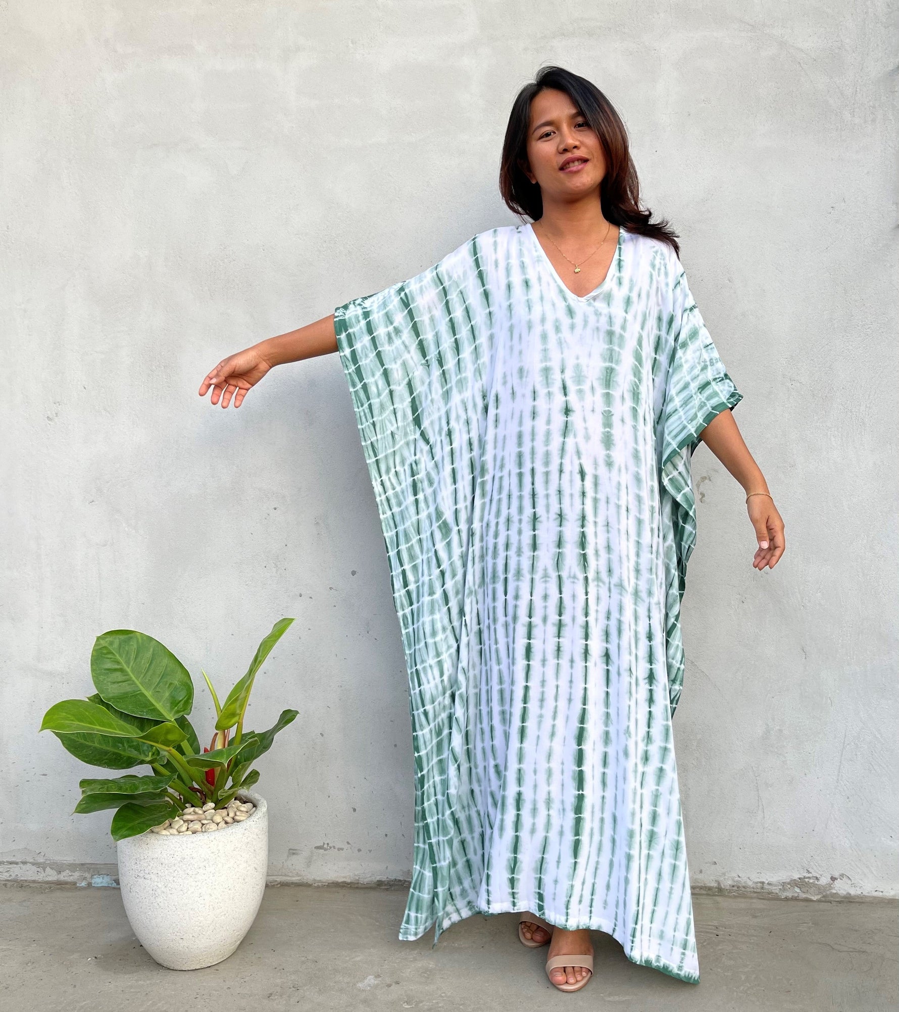 MALA handworks 52 in. Eva Kaftan in White and Green Tie Dye