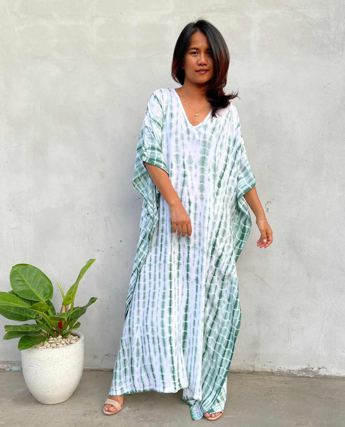 MALA handworks 52 in. Eva Kaftan in White and Green Tie Dye