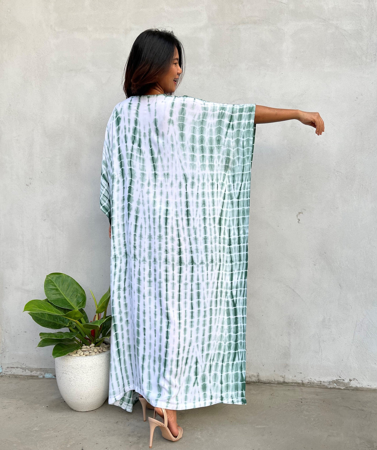 MALA handworks 52 in. Eva Kaftan in White and Green Tie Dye