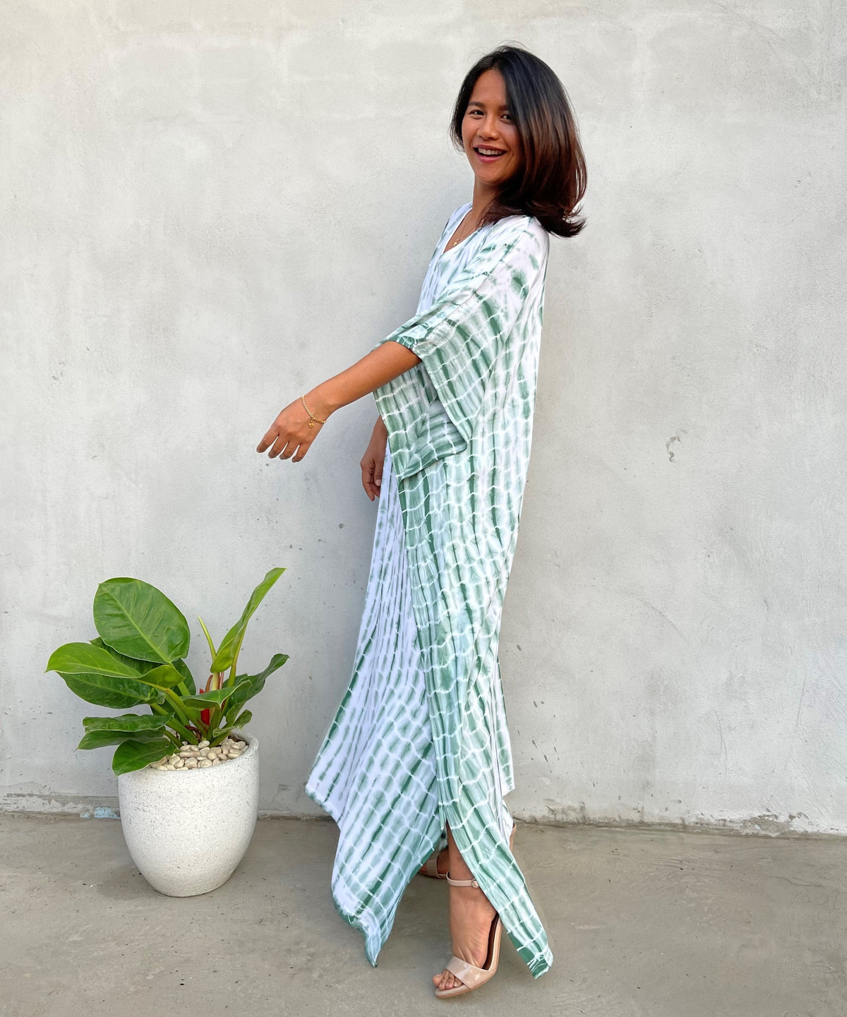 MALA handworks 52 in. Eva Kaftan in White and Green Tie Dye