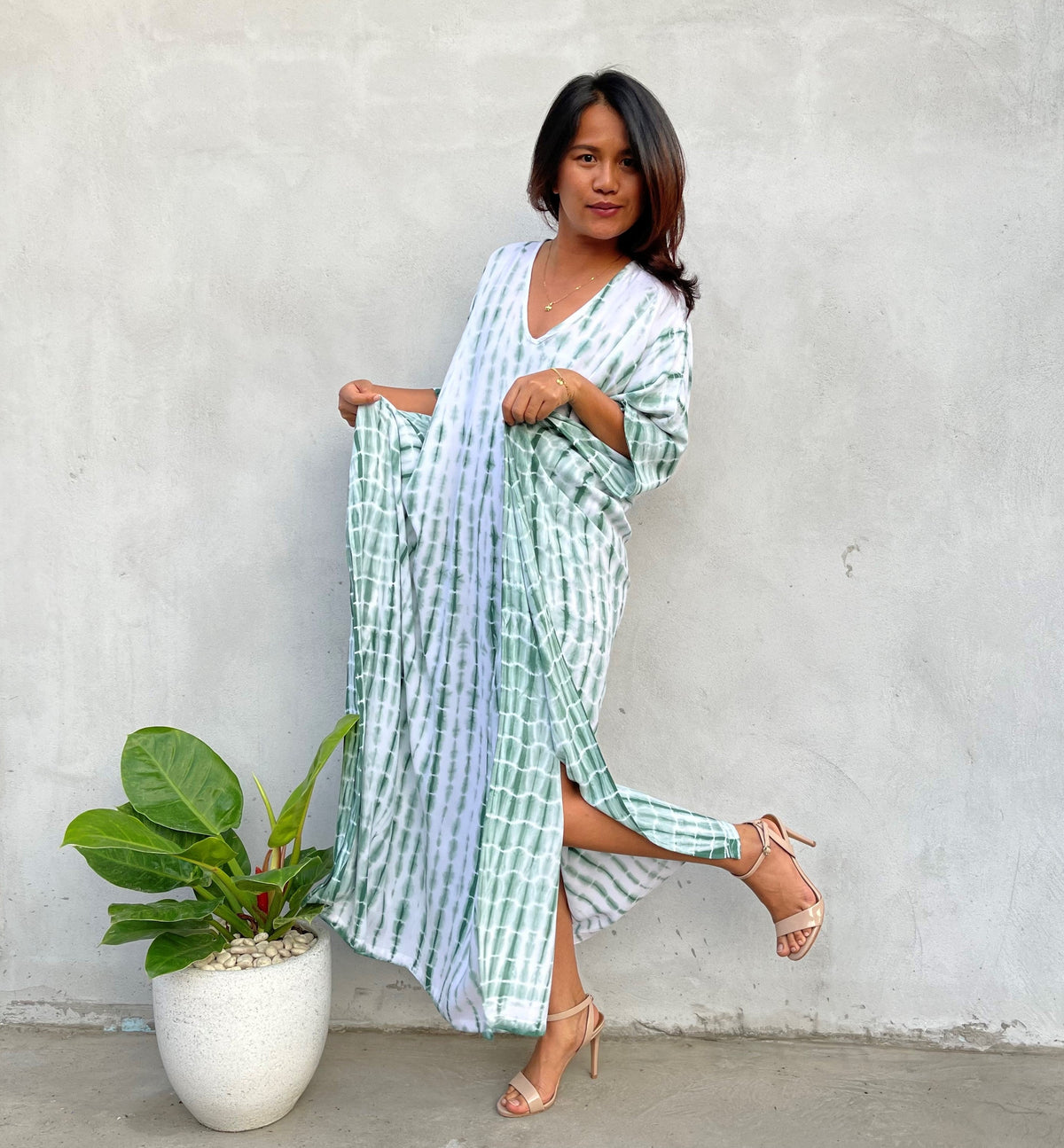 MALA handworks 52 in. Eva Kaftan in White and Green Tie Dye