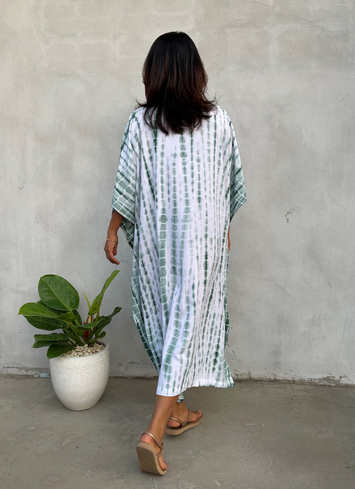 MALA handworks 52 in. Eva Kaftan in White and Green Tie Dye