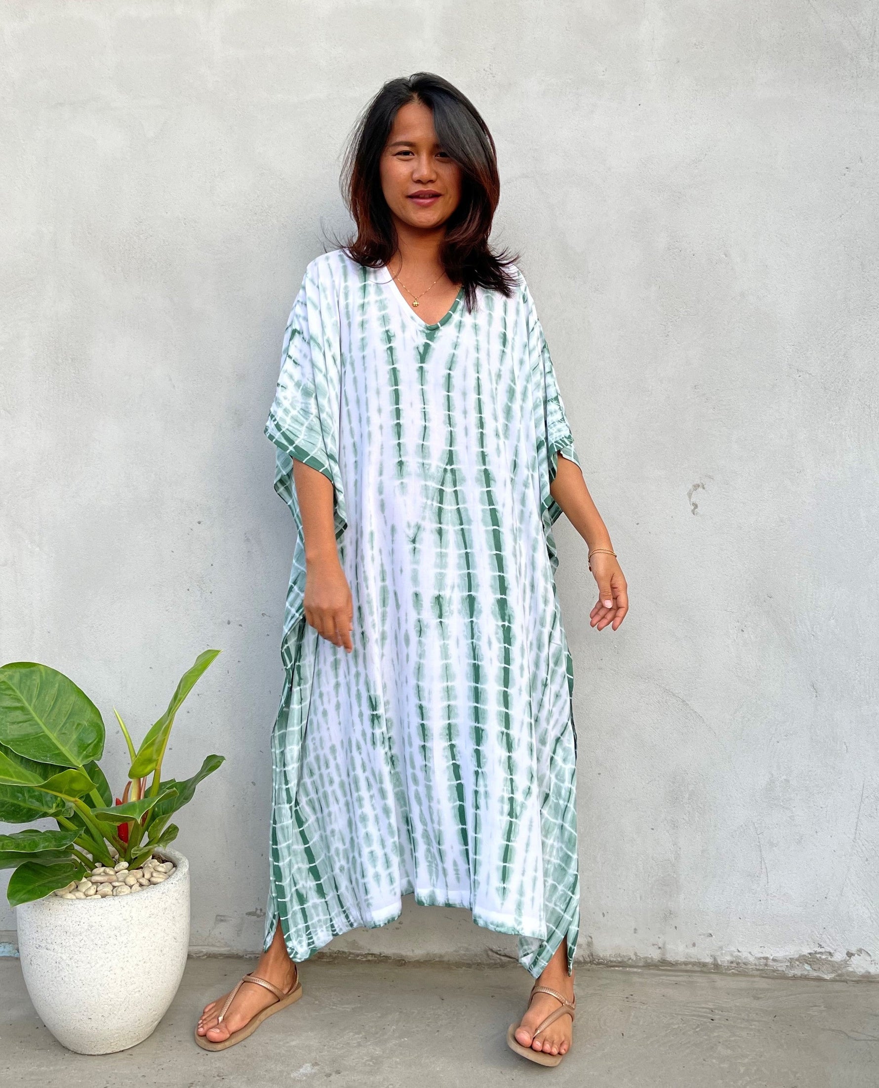 MALA handworks 52 in. Eva Kaftan in White and Green Tie Dye