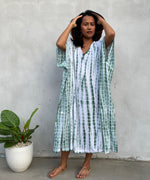 MALA handworks 52 in. Eva Kaftan in White and Green Tie Dye