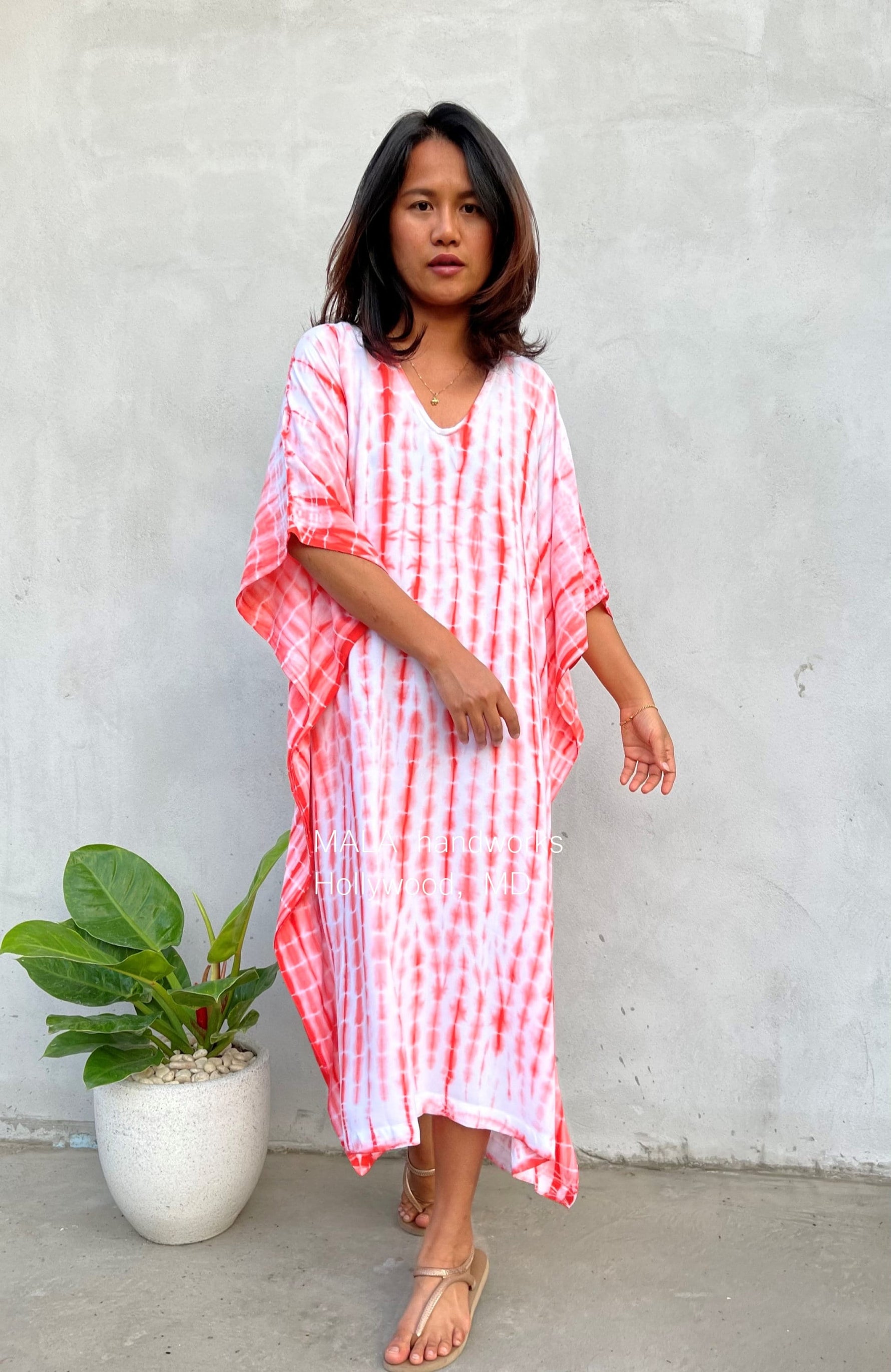 MALA handworks  Eva Kaftan in White and Orange Tie Dye