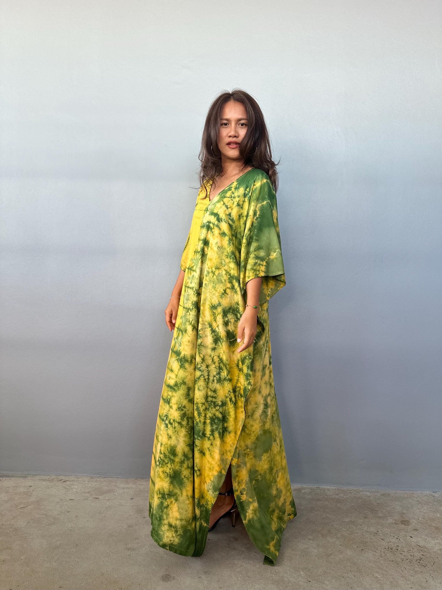 Mala Handworks Eva Kaftan in Yellow and Green Tie Dye