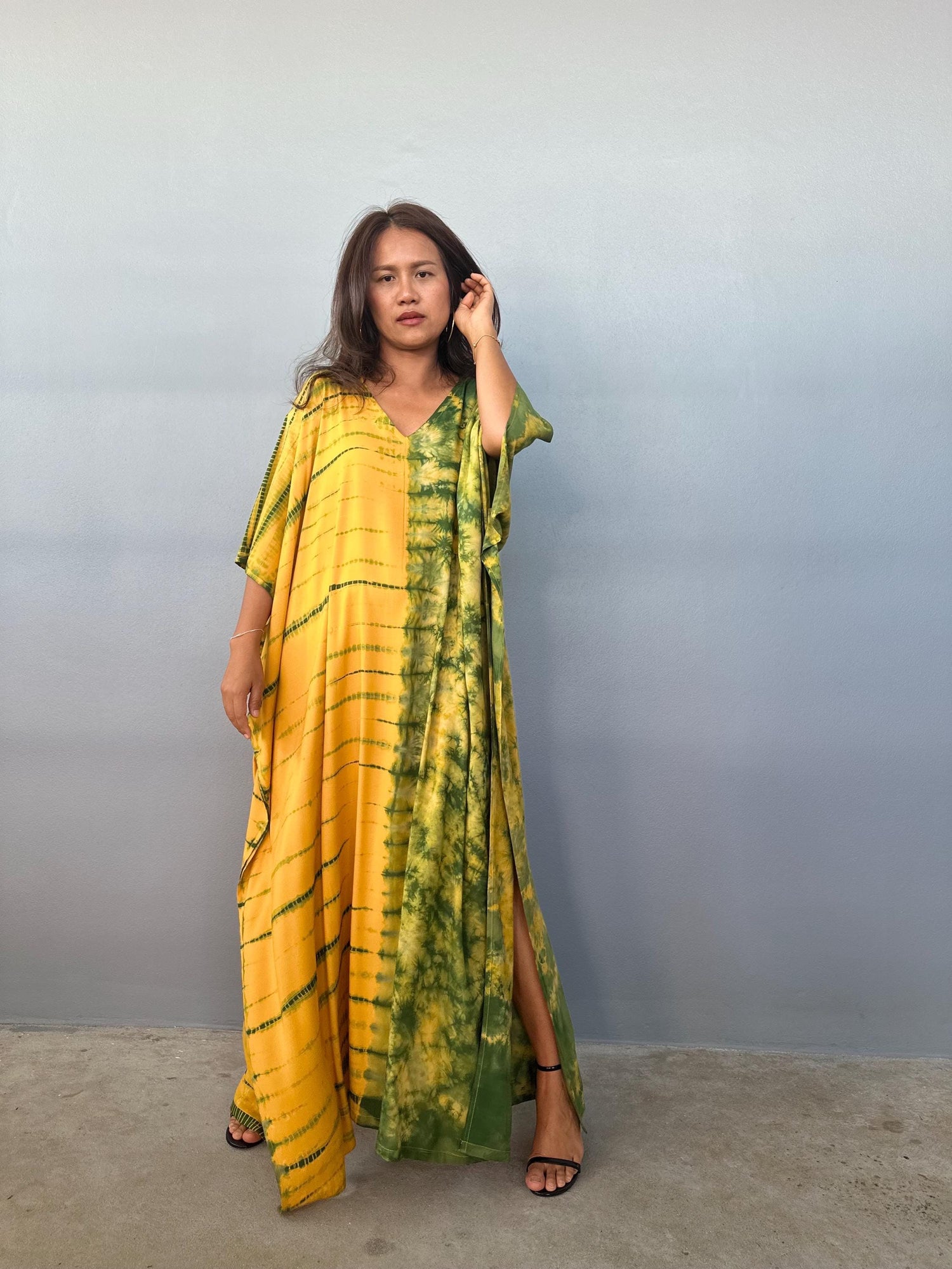 Mala Handworks Eva Kaftan in Yellow and Green Tie Dye