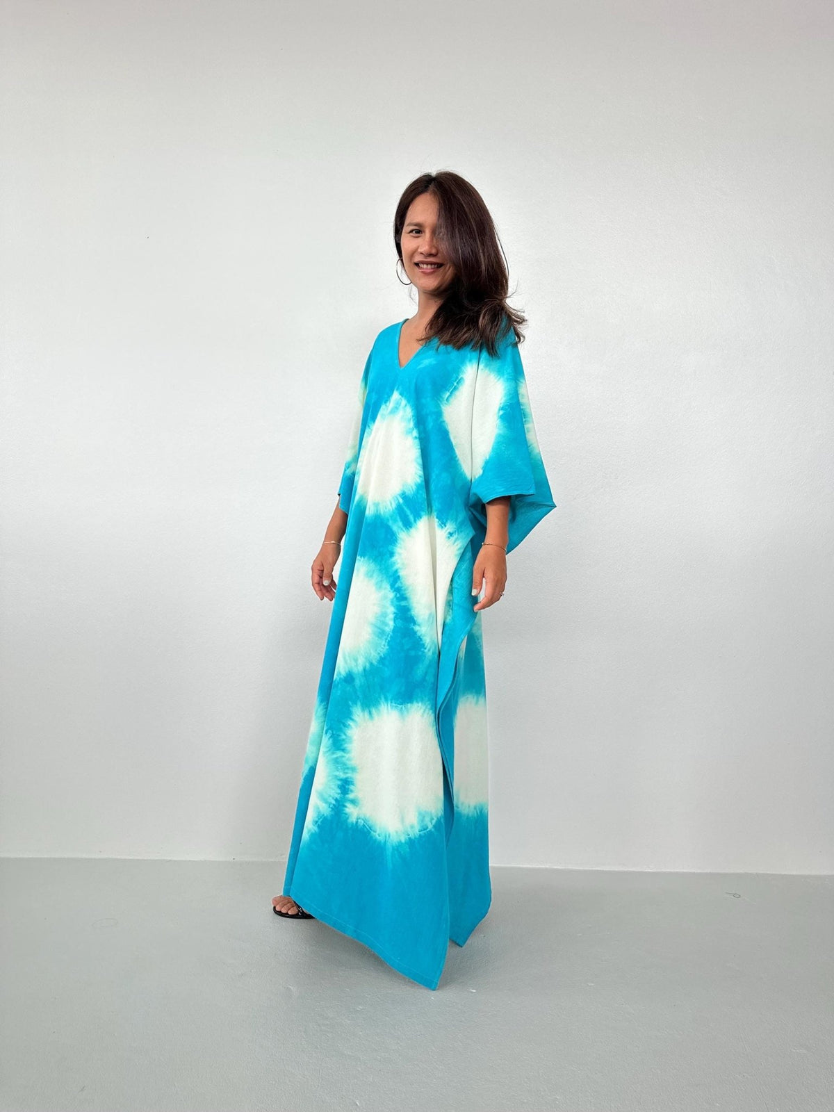 Evelyn Cotton Kaftan in Aqua Polka Dot-E-100-Mala Handworks