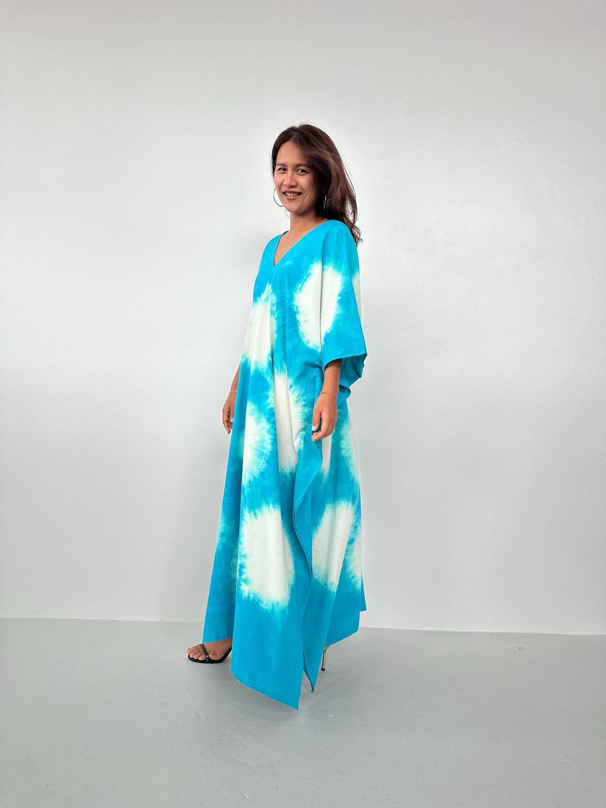 Evelyn Cotton Kaftan in Aqua Polka Dot-E-100-Mala Handworks