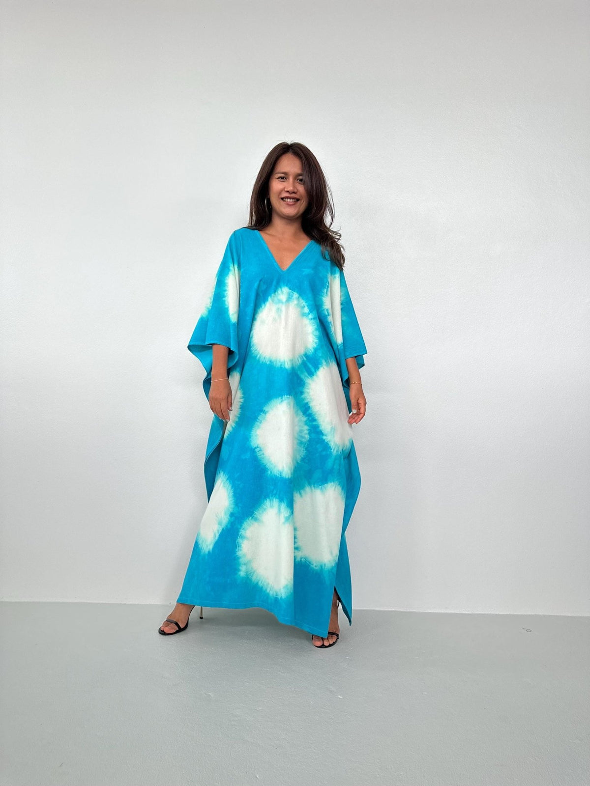 Evelyn Cotton Kaftan in Aqua Polka Dot-E-100-Mala Handworks
