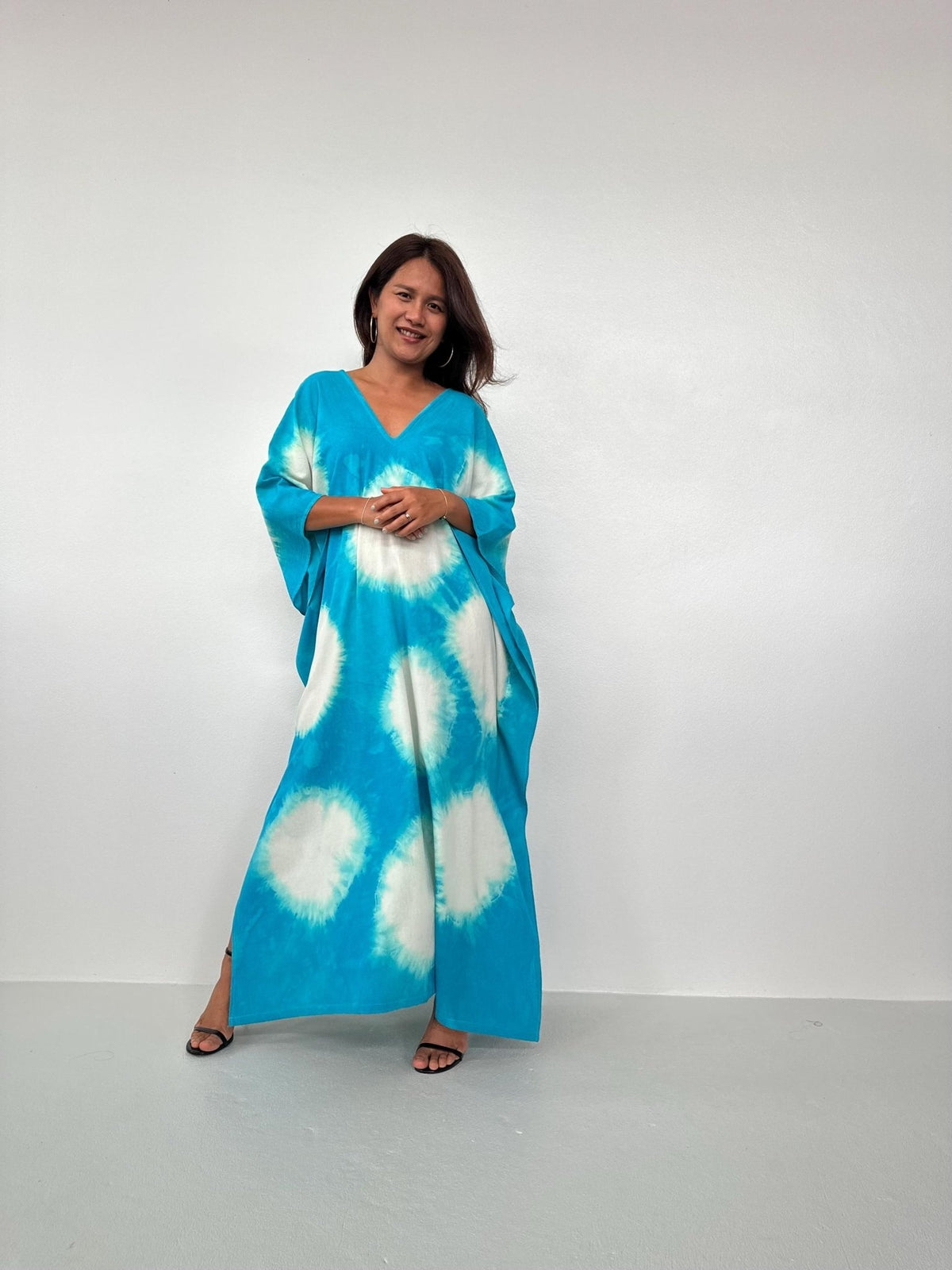 Evelyn Cotton Kaftan in Aqua Polka Dot-E-100-Mala Handworks