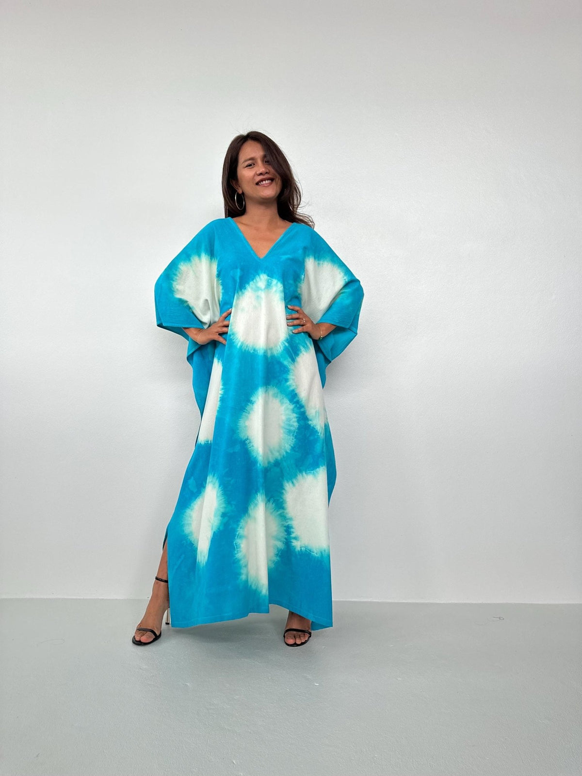 Evelyn Cotton Kaftan in Aqua Polka Dot-E-100-Mala Handworks