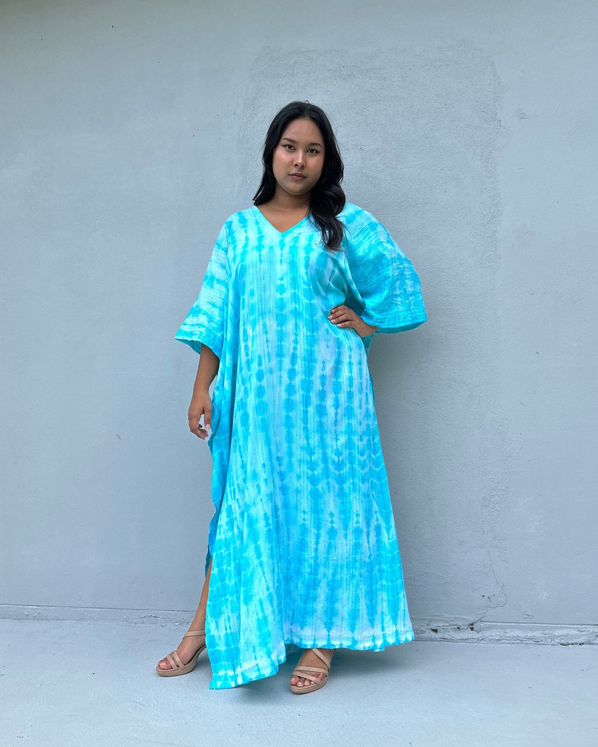 Evelyn Cotton Kaftan in Aqua Tie Dye-E-82-52-Mala Handworks