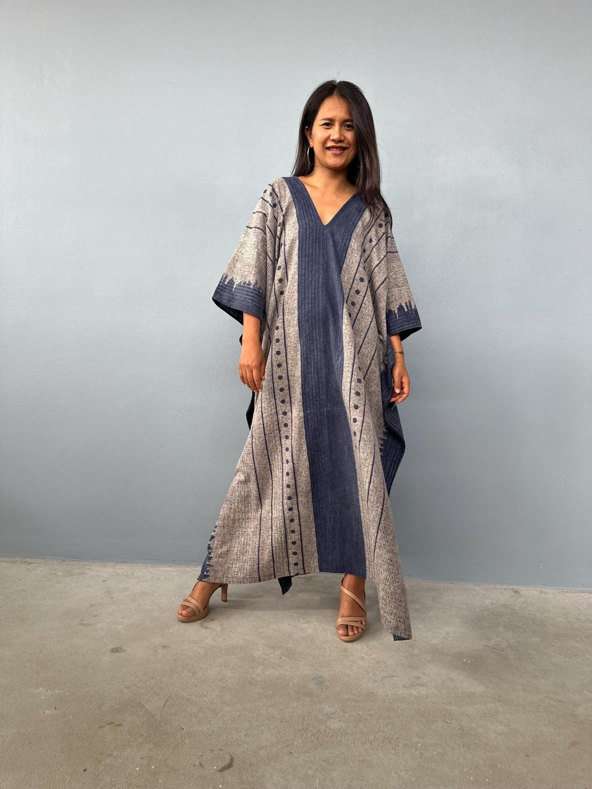 Evelyn Cotton Kaftan in Ecru Glyph-E-106-Mala Handworks