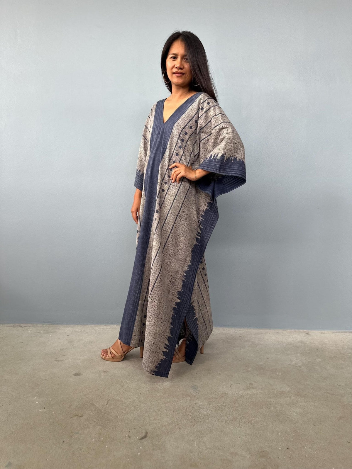 Evelyn Cotton Kaftan in Ecru Glyph-E-106-Mala Handworks