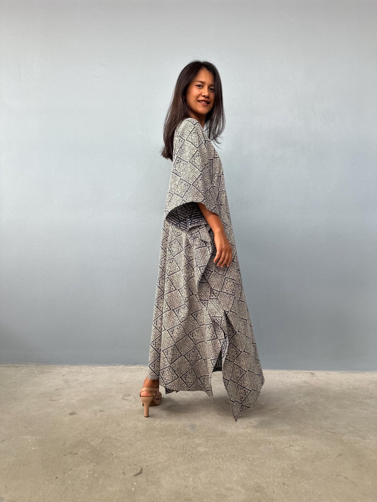 Evelyn Cotton Kaftan in Ecru Lattice-E-103-Mala Handworks