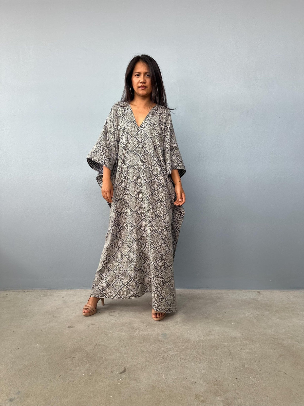 Evelyn Cotton Kaftan in Ecru Lattice-E-103-Mala Handworks