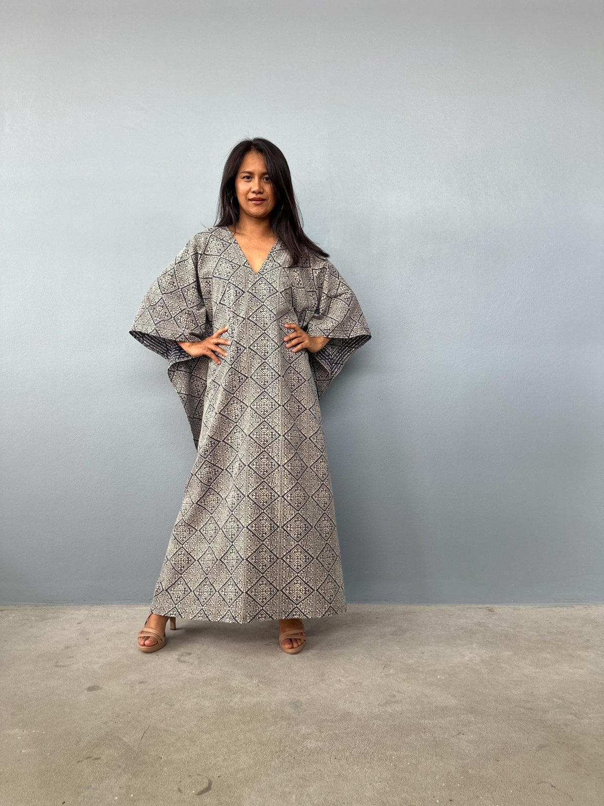 Evelyn Cotton Kaftan in Ecru Lattice-E-103-Mala Handworks