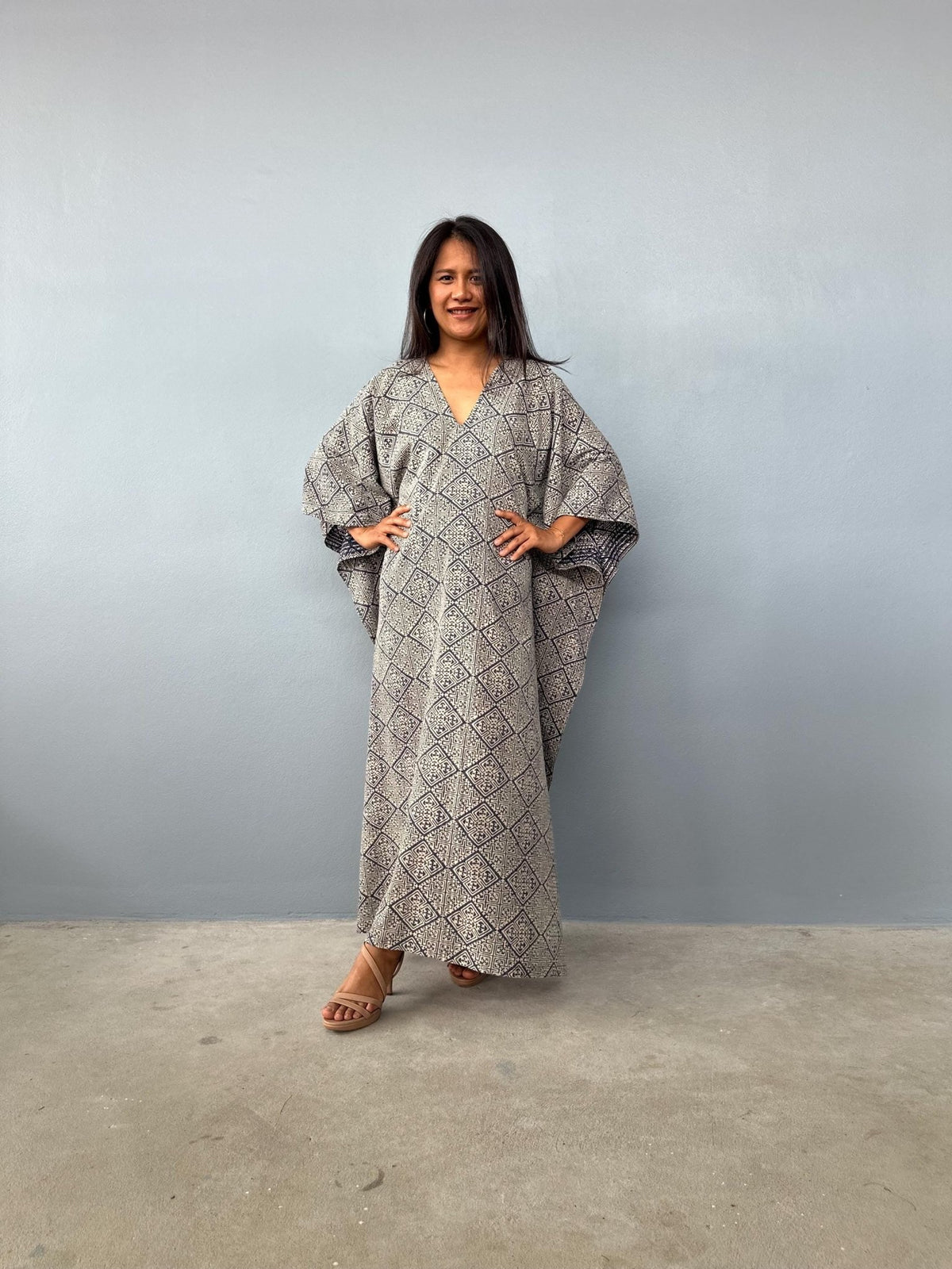 Evelyn Cotton Kaftan in Ecru Lattice-E-103-Mala Handworks