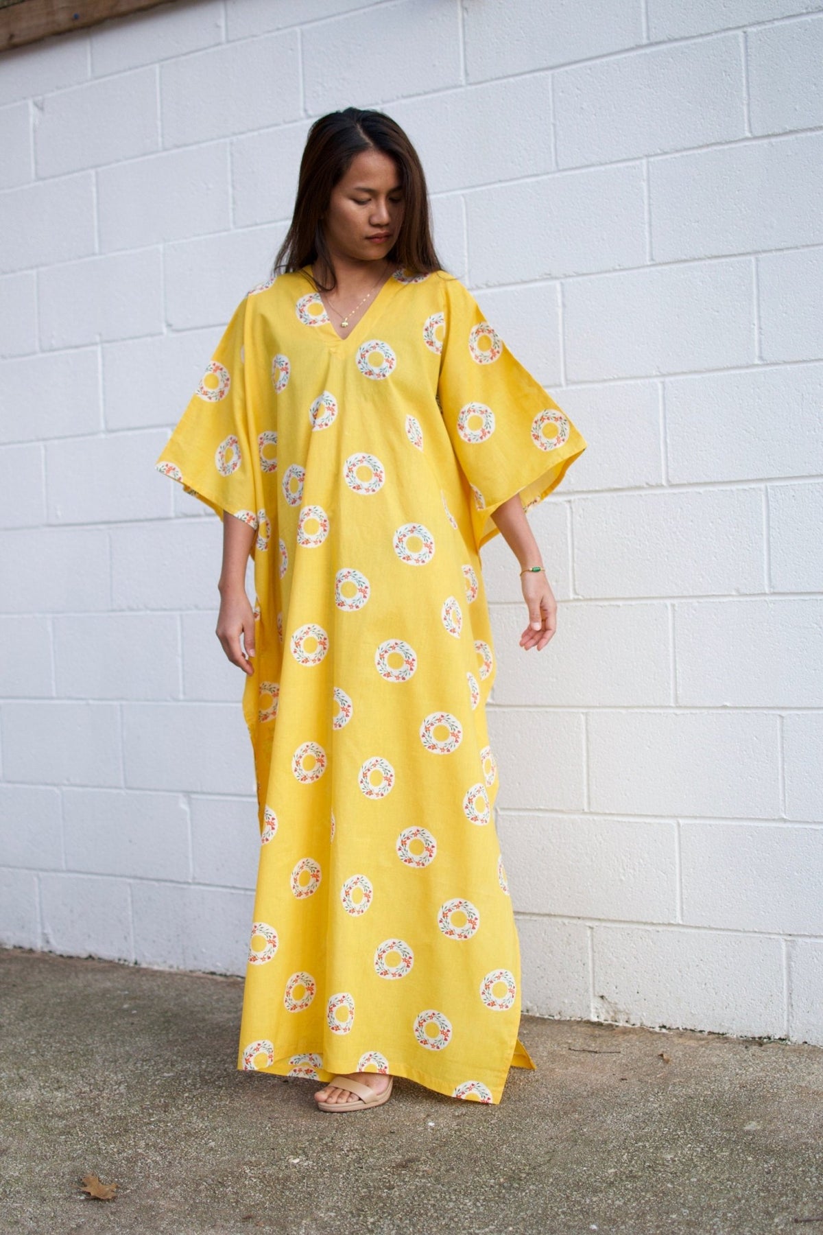 Evelyn Cotton Kaftan in Golden Block Print-E-2-Mala Handworks