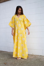 Evelyn Cotton Kaftan in Golden Block Print-E-2-Mala Handworks