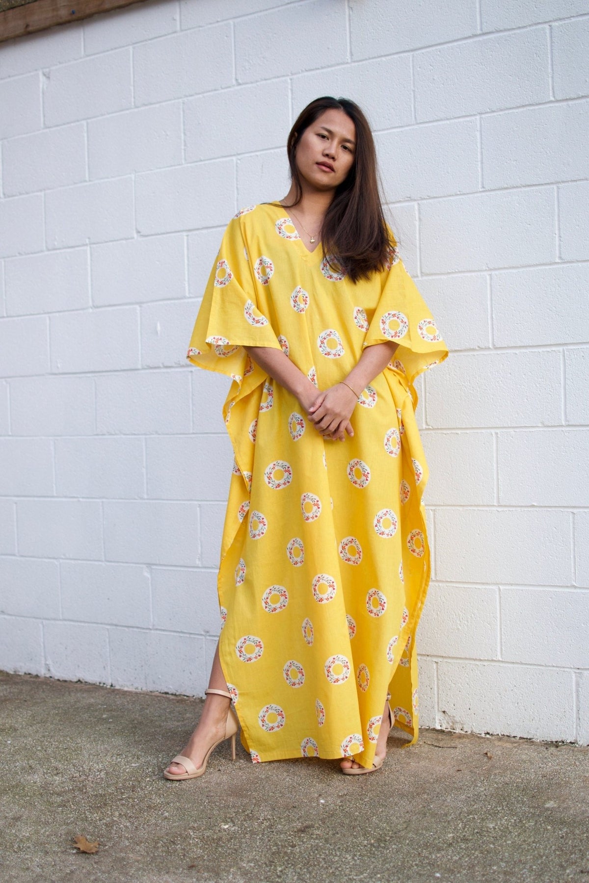 Evelyn Cotton Kaftan in Golden Block Print-E-2-Mala Handworks
