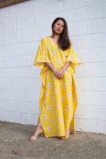 Evelyn Cotton Kaftan in Golden Block Print-E-2-Mala Handworks