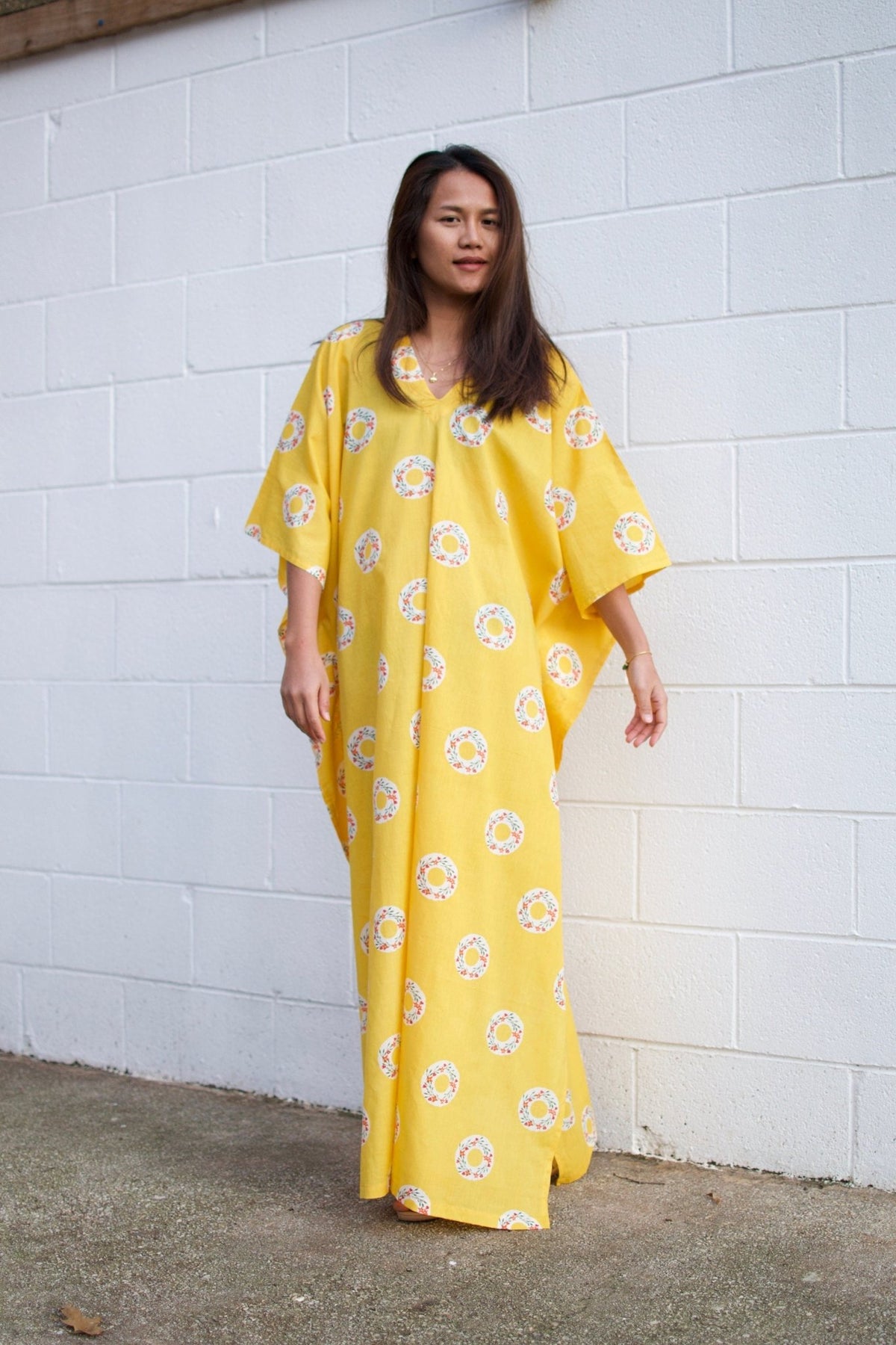 Evelyn Cotton Kaftan in Golden Block Print-E-2-Mala Handworks