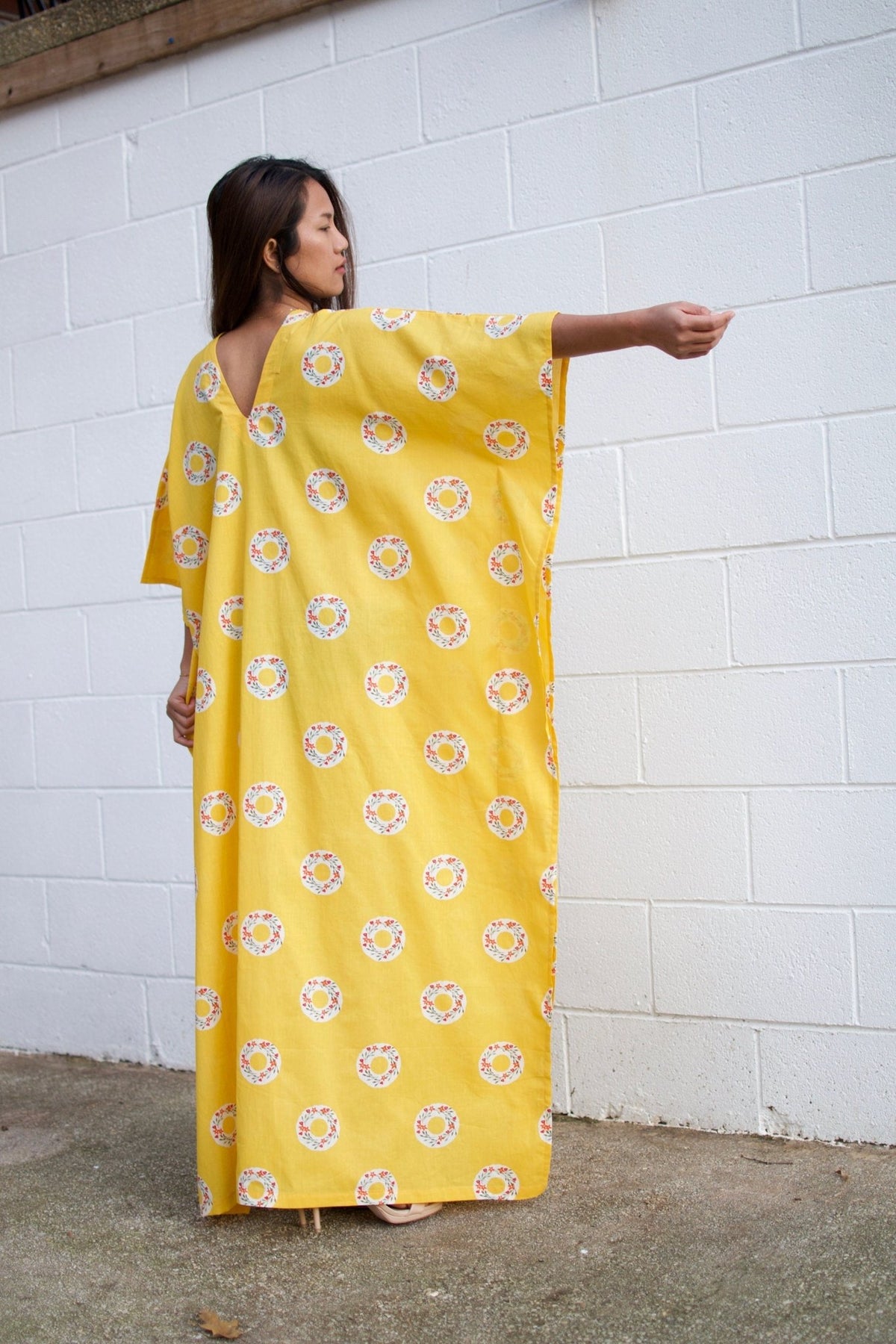 Evelyn Cotton Kaftan in Golden Block Print-E-2-Mala Handworks