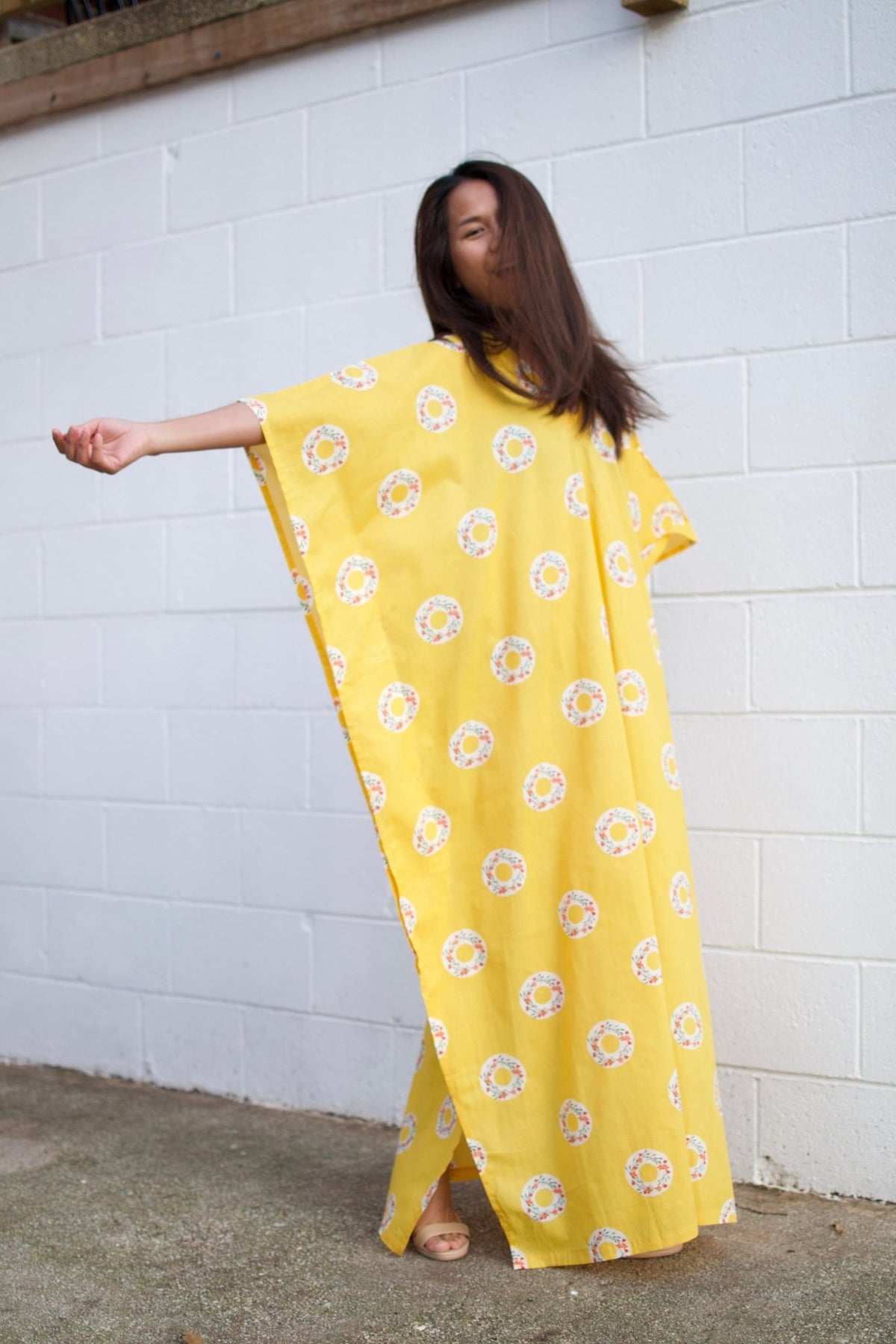 Evelyn Cotton Kaftan in Golden Block Print-E-2-Mala Handworks