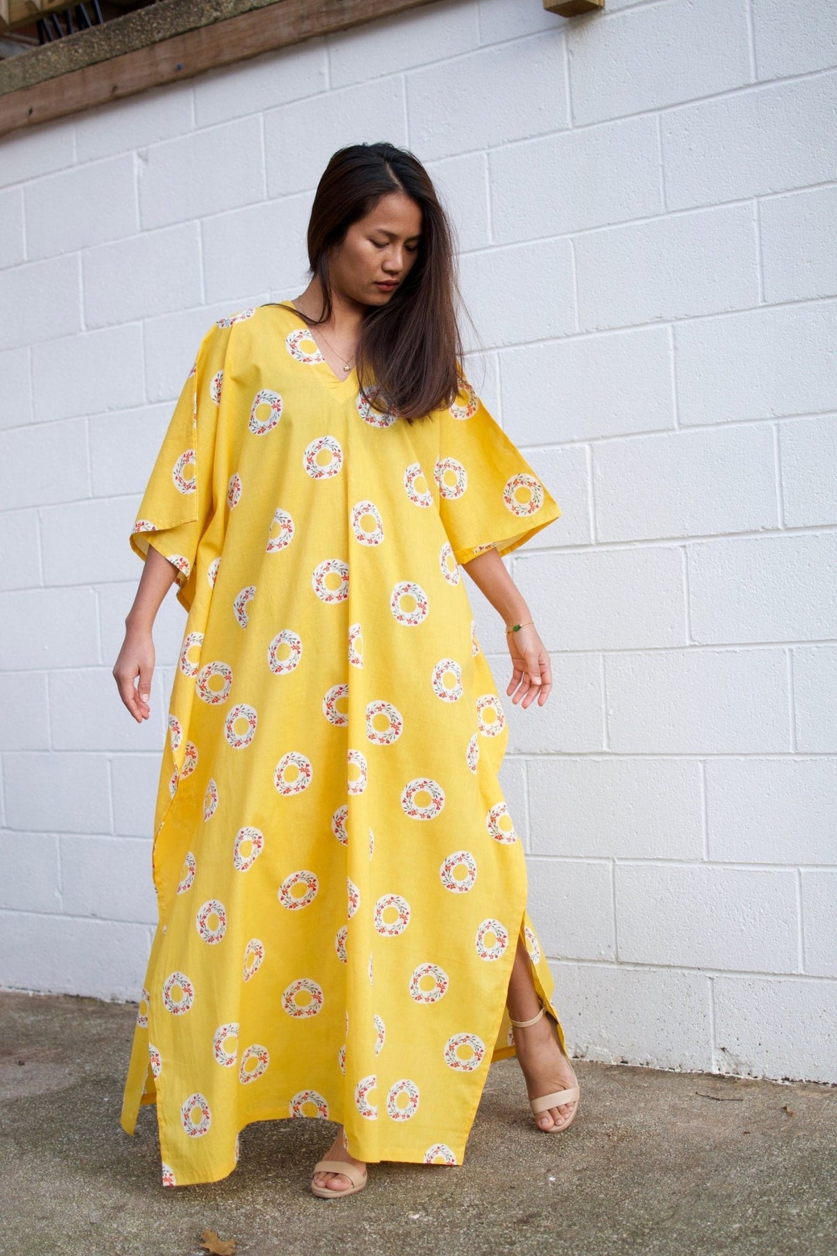 Evelyn Cotton Kaftan in Golden Block Print-E-2-Mala Handworks