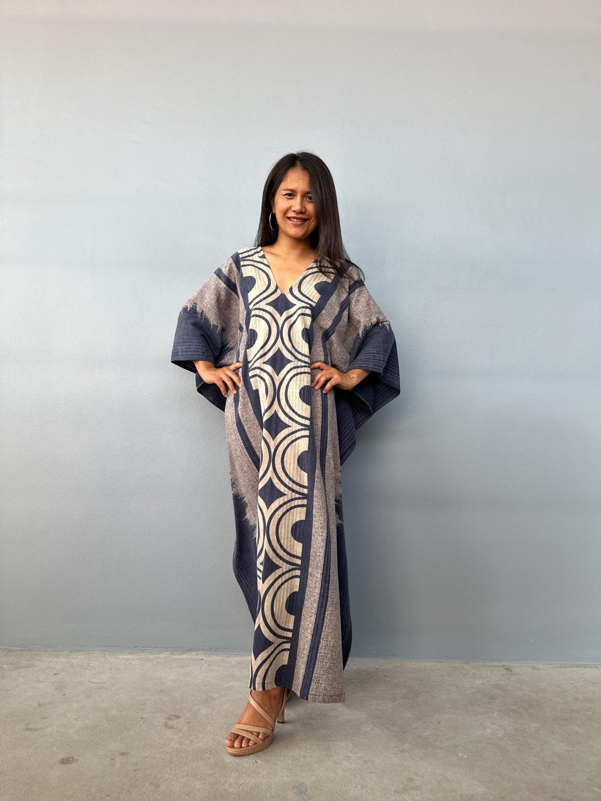 Evelyn Cotton Kaftan in Indigo Crescent-E-104-Mala Handworks