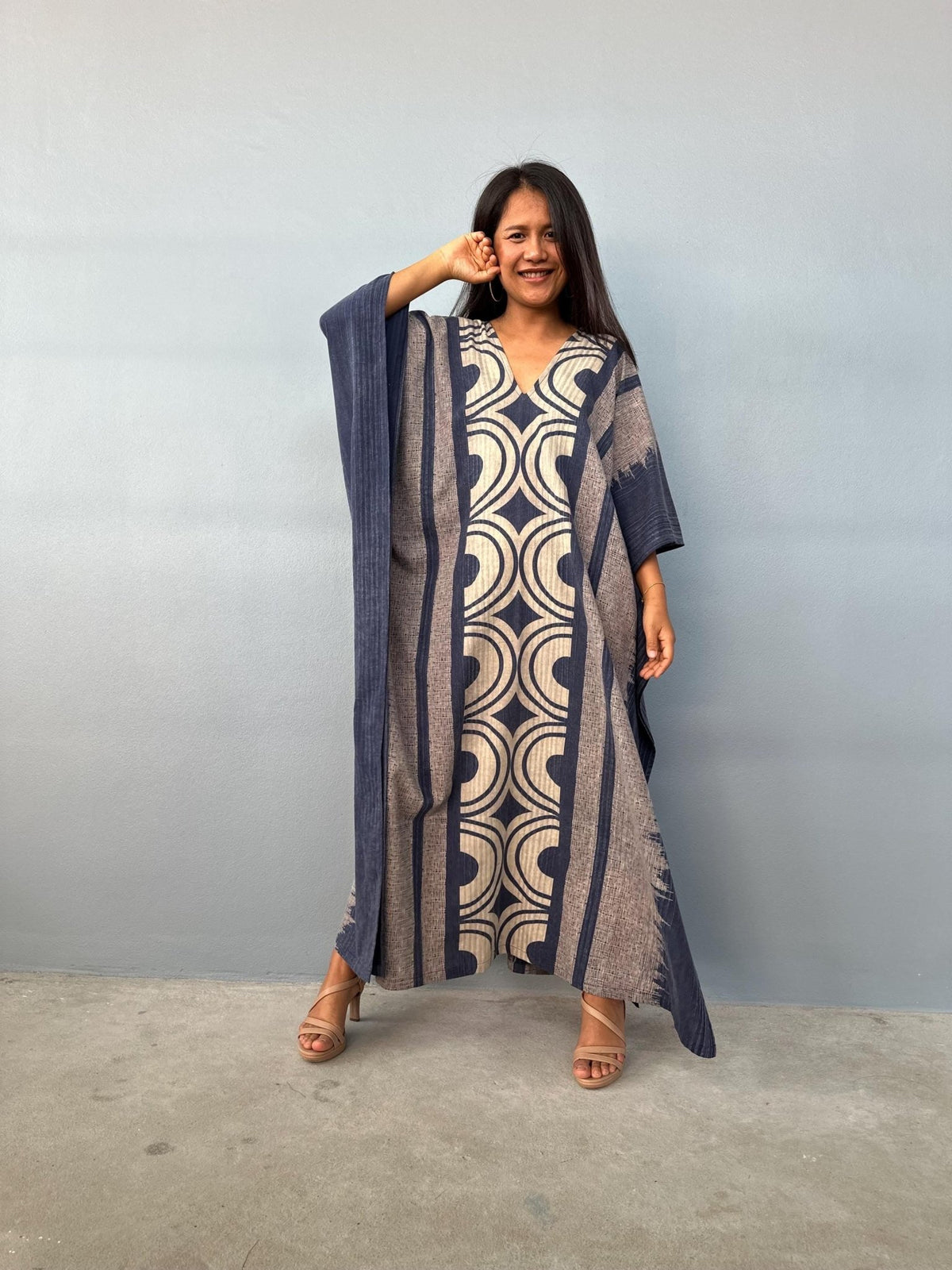 Evelyn Cotton Kaftan in Indigo Crescent-E-104-Mala Handworks